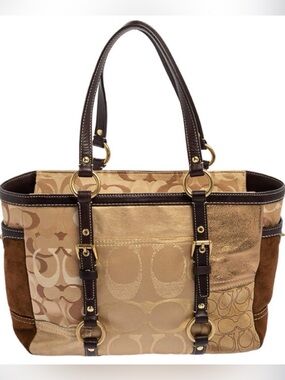 Coach Patchwork Logo Tote in Gold and Brown